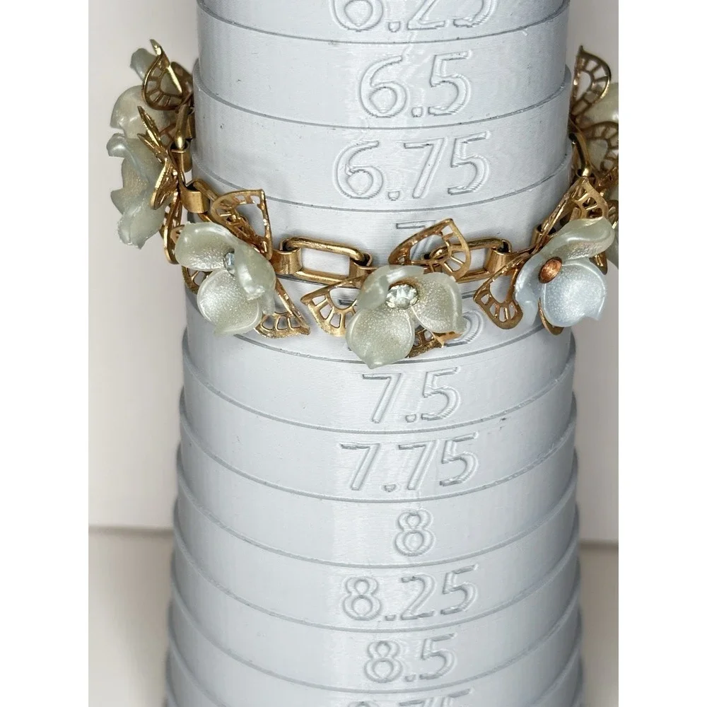 Vintage Frosted Lucite Flower Link Bracelet Blue Rhinestones Gold Tone Floral